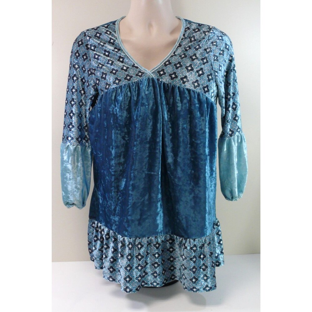 Lily by Firmiana Top shirt tunic teal velvet ruffled Hem babydoll BOHO size L